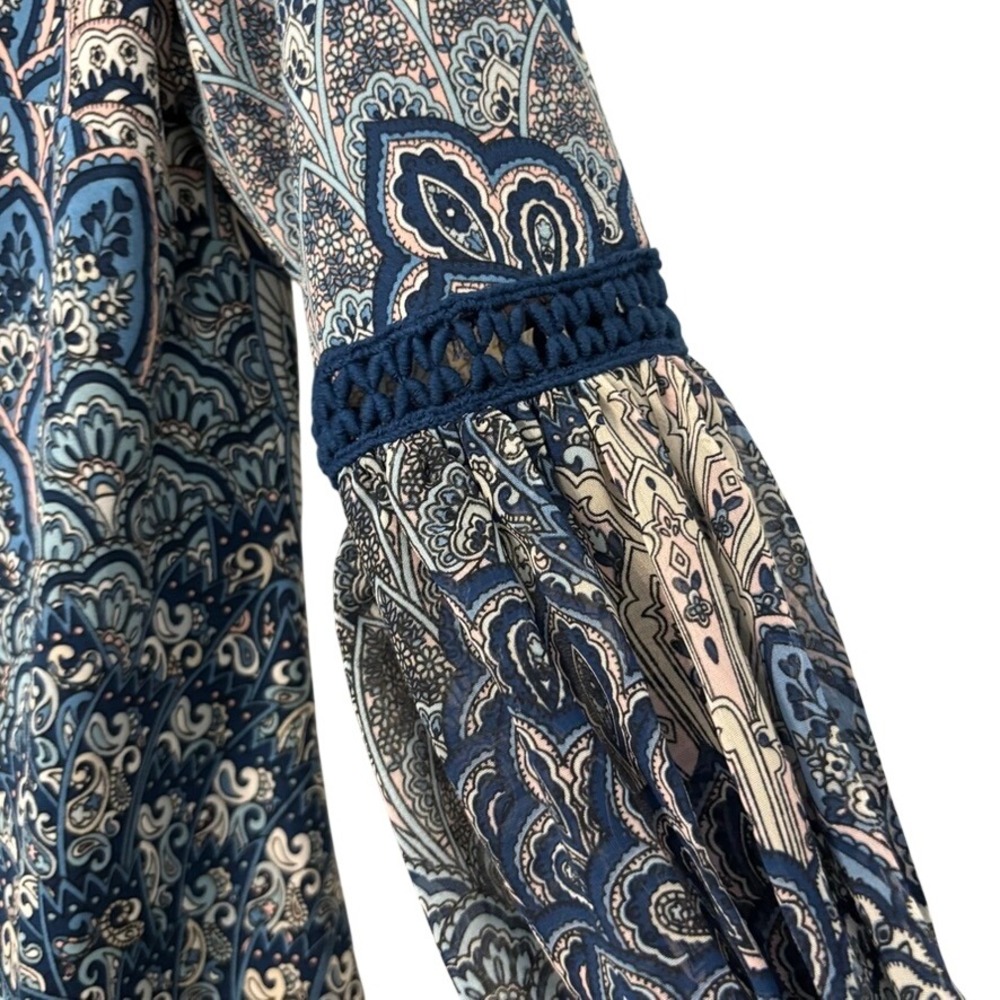 Westport Blue Pink Paisley Boho V-Neck Balloon Sleeve Mini Dress XS Boho Peacock - Picture 4 of 13